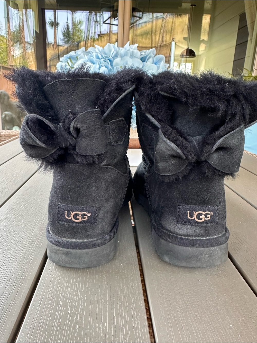 UGG Black Suede Shearling Bow Back Short Boots